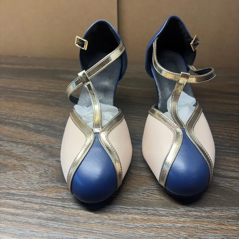 June Joan & Jenny Mary Jane Heels Shoes 38 US7.5 Cream Blue T-Strap Kitten Heels